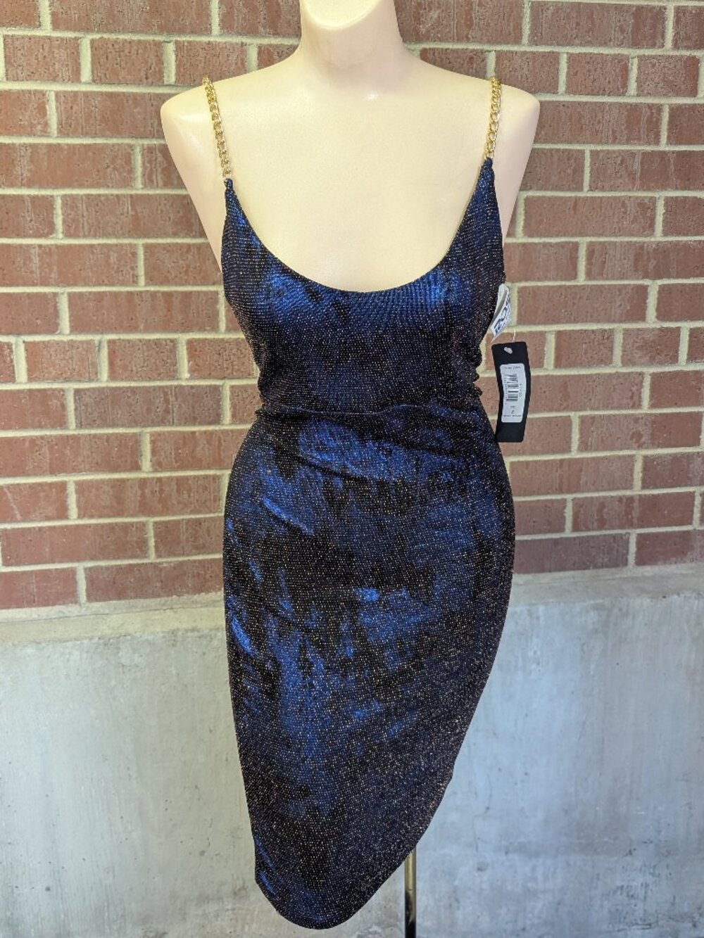 NWT bebe Blue Cowl Party Metallic Chain Strap Low Back Midi Dress 8 Y2K McBling